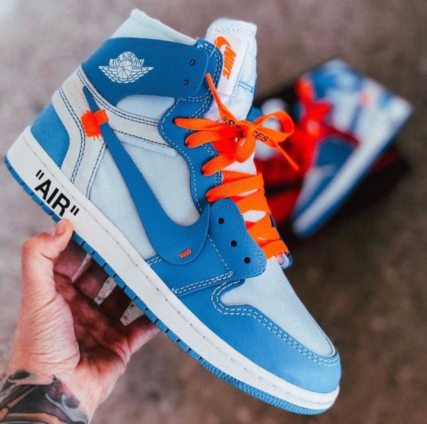 نایک ایر جردن ۱ ساقدار آف وایت آبی سفید Nike air Jordan 1 high off-white blue and white