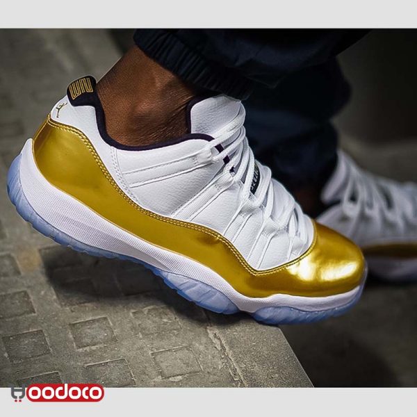 کتانی نایک ایر جردن ۱۱ بدون ساق سفید طلایی Nike air jordan 11 low white and gold