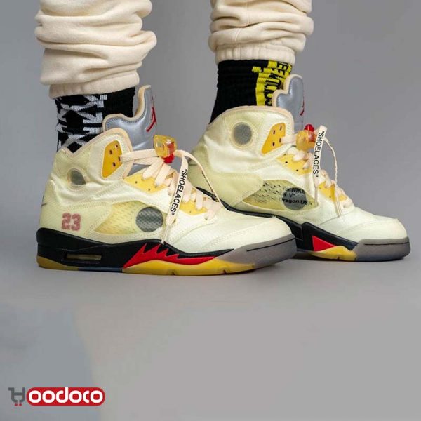 کتانی نایک ایر جردن ۵ آف وایت زرد Nike air Jordan 5 off-white yellow