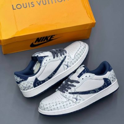 نایک ایر جردن ۱ بدون ساق تراویس اسکات استوسی لویی ویتون سفید آبی Nike air jordan 1 low Travis Scott STUSSY LV White Blue